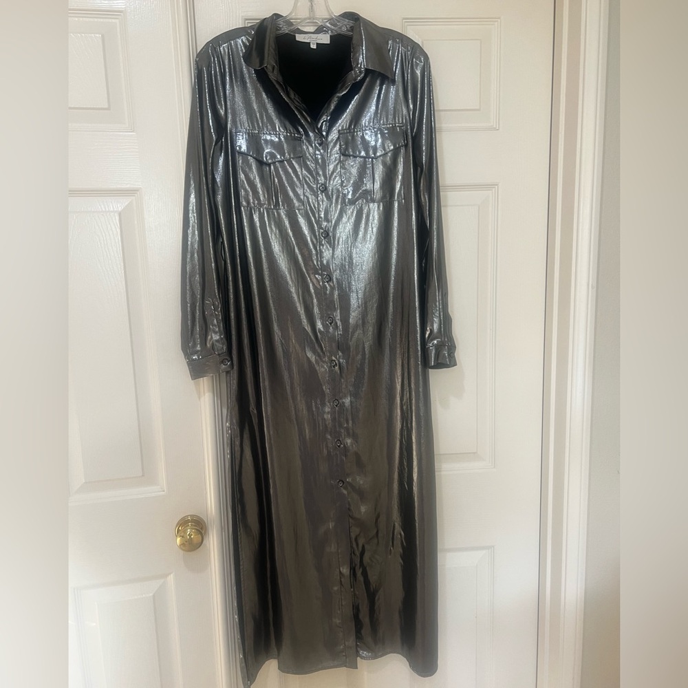 REVOLVE L'Academie Black Silver‎ Button Down Long Sleeve Shirt Maxi Dress S
